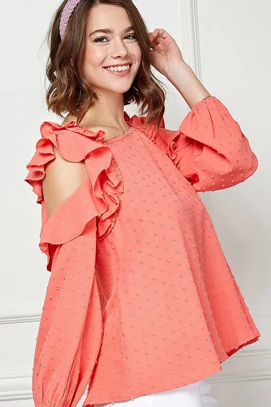 Image of Lime 'N' Chili Ruffle Trim Cold Shoulder Swiss Dot Blouse | Queeble.shop