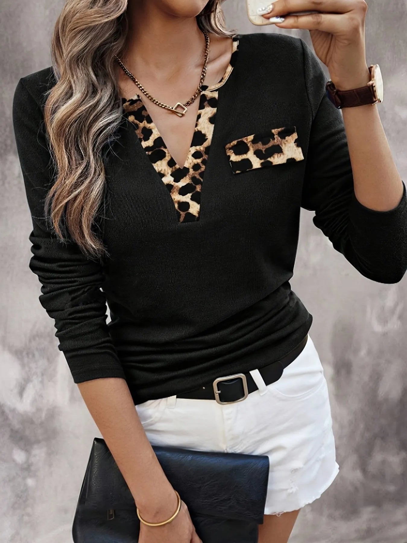 Image of Leopard Trim Long Sleeve T-Shirt | Queeble.shop