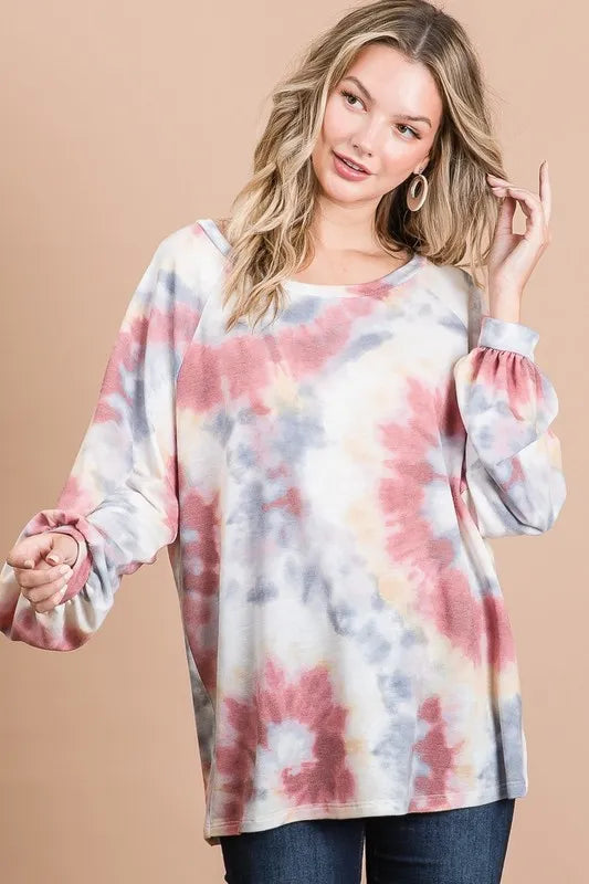 Image of BiBi Tie Dye Print Terry Top With Puff Sleeves | Queeble.shop