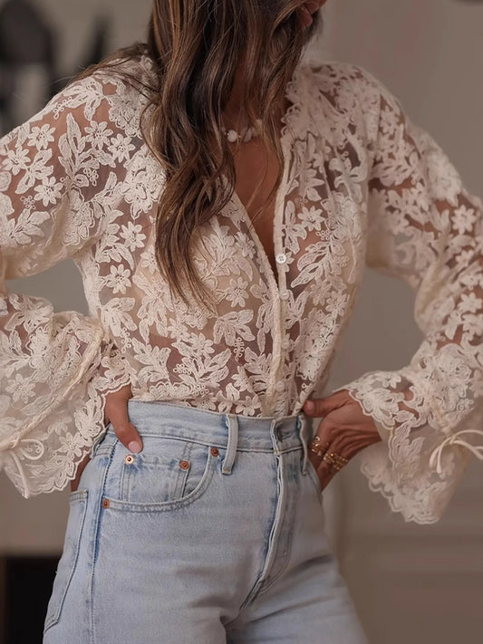 Image of Lace Button Up Long Sleeve Shirt | Queeble.shop