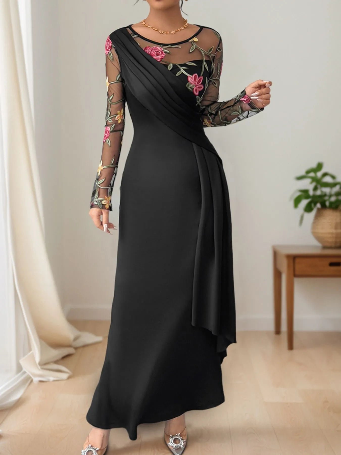 Image of Floral Mesh Sleeve Ruched Maxi Dress | Queeble.shop