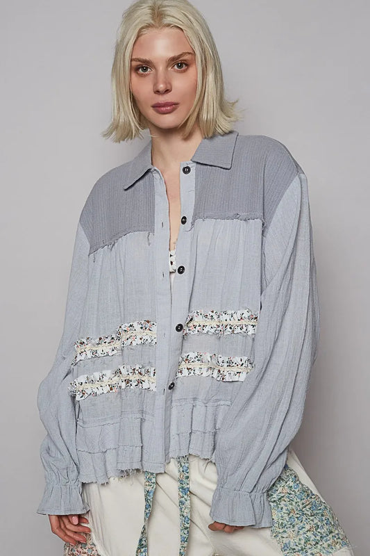 Image of POL Button Down Floral Trim Ruffle Washed Shacket | Queeble.shop