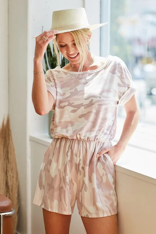 Image of BiBi Camo Print French Terry Romper with Side Pockets | Queeble.shop