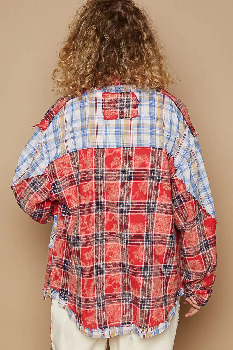 Image of POL Plaid Patchwork Long Sleeve Shirt with Raw Edge Detail | Queeble.shop