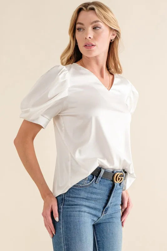 Image of And The Why Plain Satin Puff Shirring V Neck Blouse Top | Queeble.shop