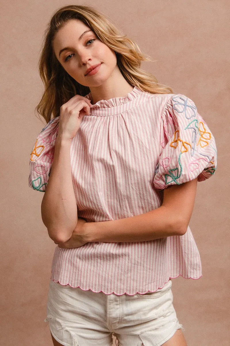 Image of BiBi Embroidery Bubble Sleeve Top With Bottom Scallop Detail | Queeble.shop