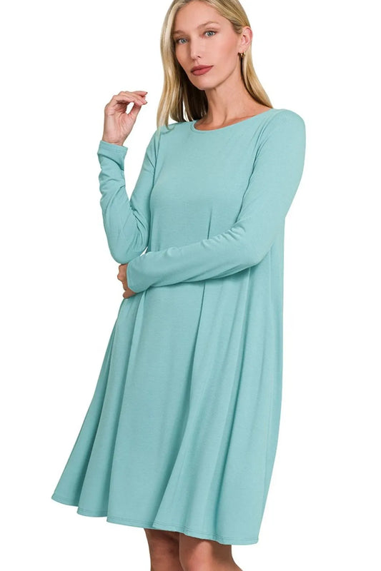 Image of Zenana Long Sleeve Flare Dress With Pockets | Queeble.shop