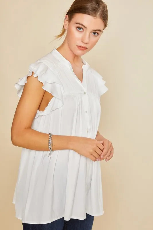 Image of Annie Wear Ruffle Sleeve Shirred Flowy Woven Tunic Shirts | Queeble.shop