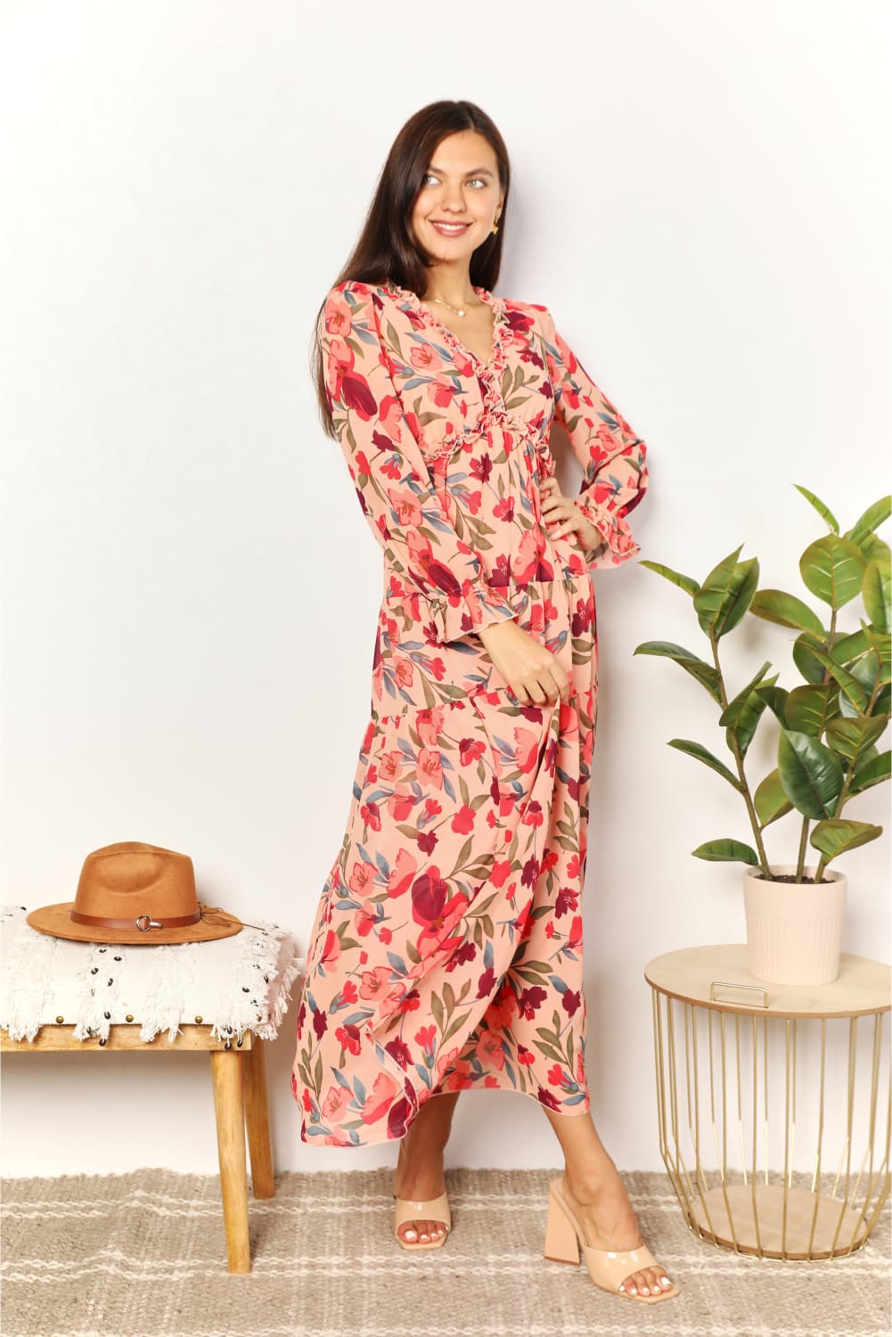 Image of Double Take Floral Frill Trim Flounce Sleeve Plunge Maxi Dress | Queeble.shop