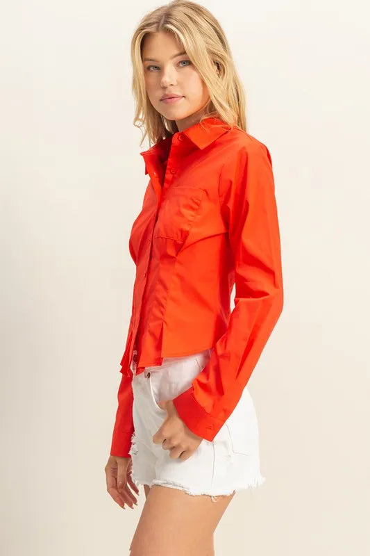 Image of HYFVE Long Sleeve Pleated Waist Poplin Shirt | Queeble.shop