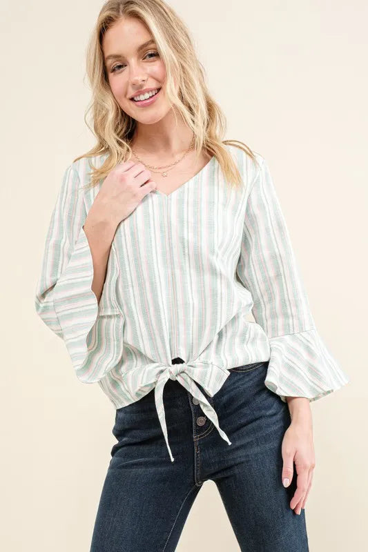 Image of And The Why Stripe Tie Knot Front Bell Sleeve Top | Queeble.shop