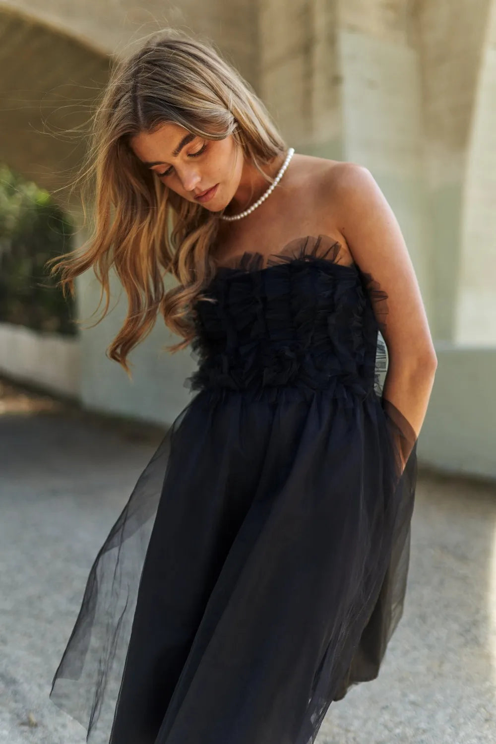 Image of J.NNA Mesh Ruffle Tube Top Swing Dress | Queeble.shop
