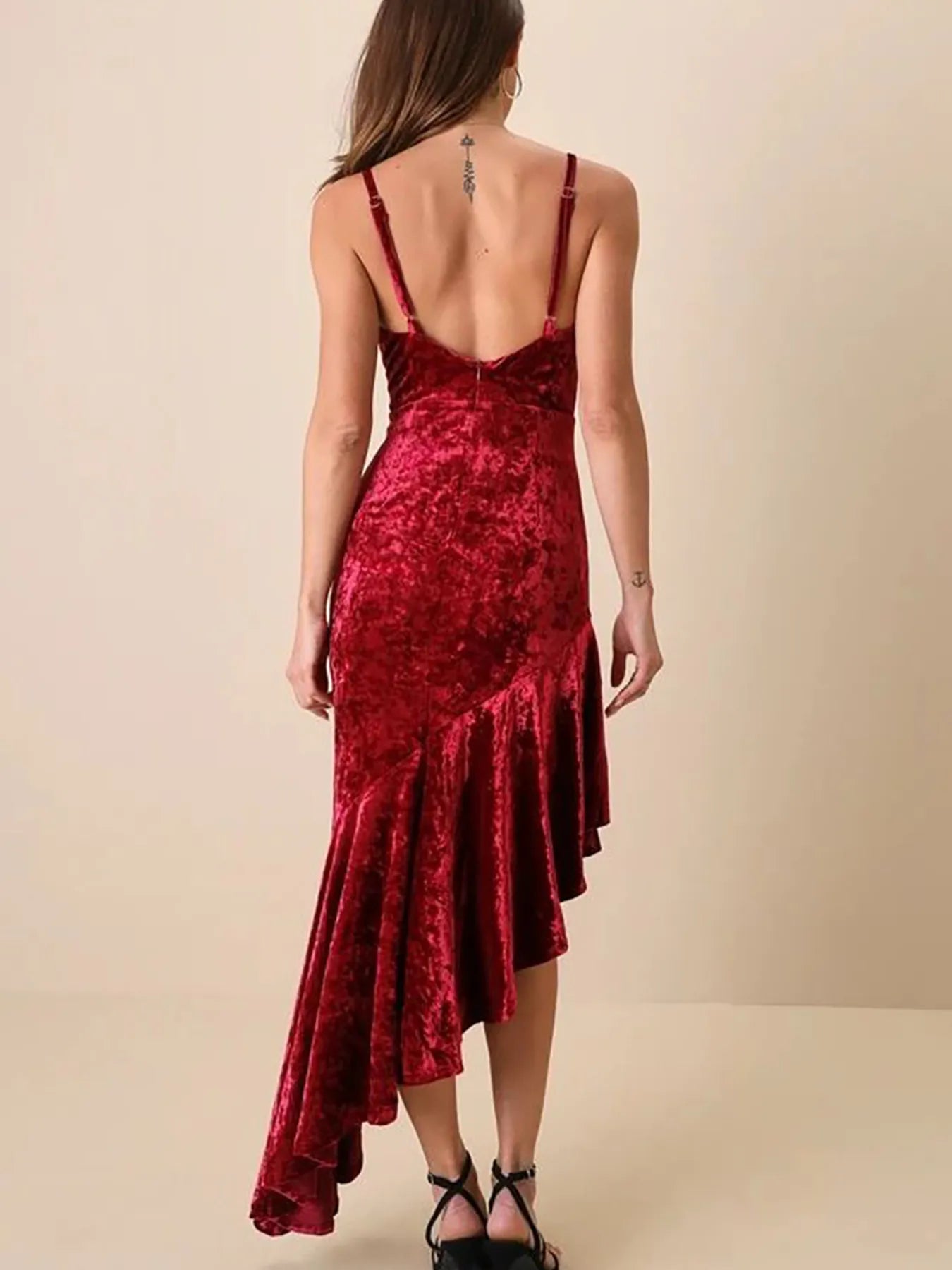 Image of Asymmetrical Velvet Cami Dress with Ruffle Hem | Queeble.shop