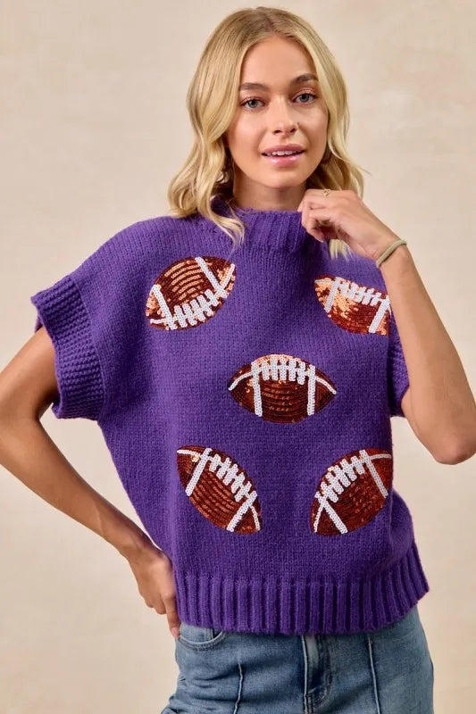 Image of BiBi Gameday Sequin Football Patches Rib Banded Sweater | Queeble.shop