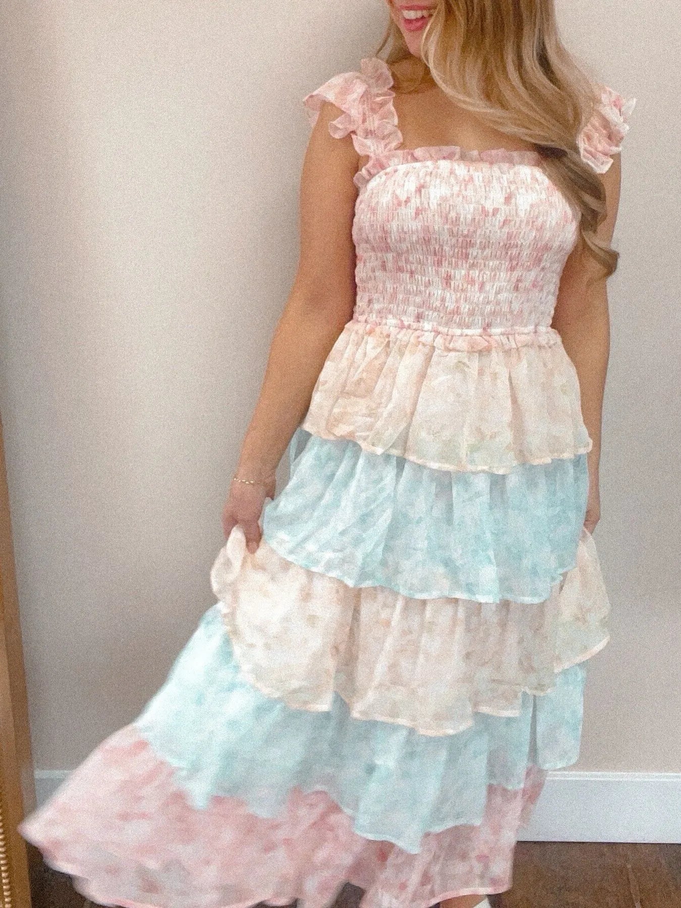 Image of Smocked Ruffle Layered Floral Midi Dress | Queeble.shop