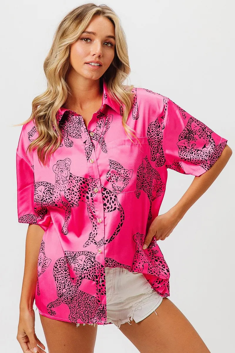Image of BiBi Leopard Print Short Sleeve Silky Satin Shirt Top | Queeble.shop
