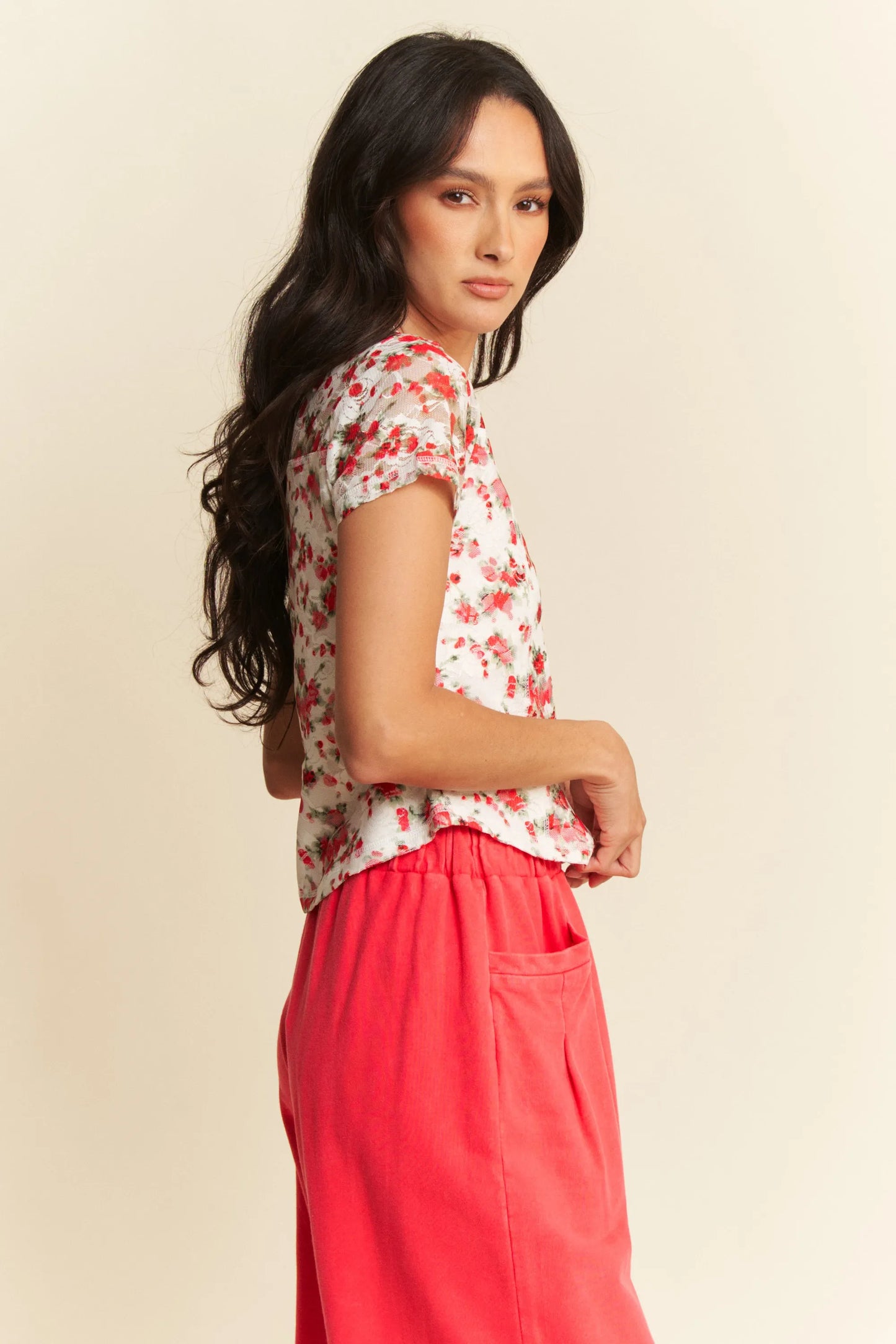 Image of Davi & Dani Ribbon Short Sleeve Layered Mesh Top | Queeble.shop