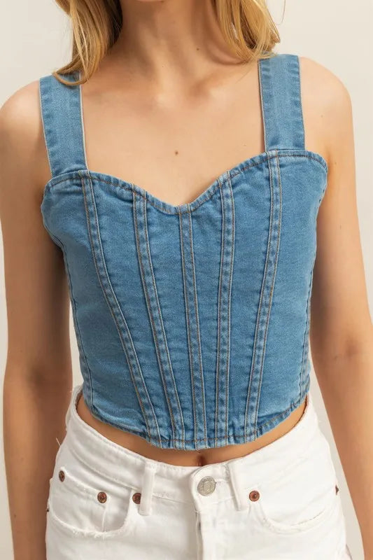 Image of HYFVE Washed Sweetheart Neck Wide Strap Denim Tank | Queeble.shop