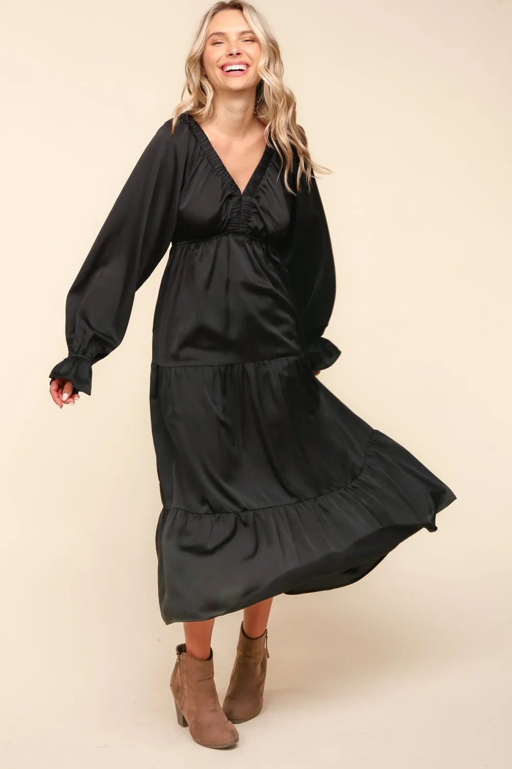 Image of Haptics Flounce Sleeve Tiered Midi Dress with Pockets | Queeble.shop