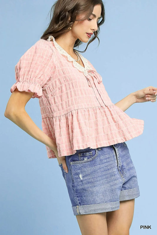 Image of Umgee Short Sleeve Gingham Lace Peplum Blouse | Queeble.shop