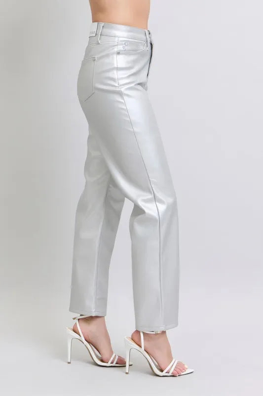 Image of Judy Blue Full Size High Waist Silver Faux Leather Pants Plus Size | Queeble.shop