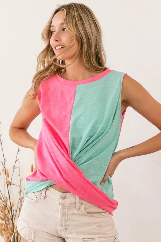 Image of BiBi Slub Terry Color Block Twisted Top | Queeble.shop