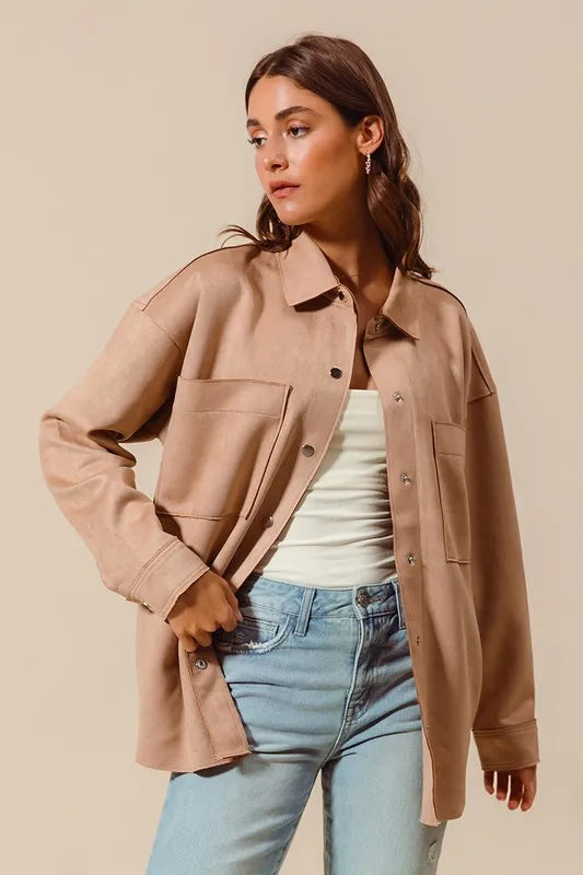 Image of SO ME Faux Sued Snap Shacket with Collar and Pockets | Queeble.shop