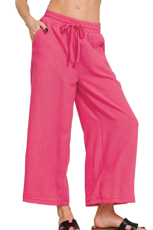 Image of Zenana Woven Crepe Elastic Band Waist Cropped Pants | Queeble.shop