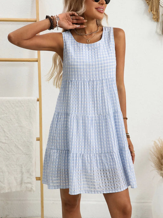 Image of Plaid Round Neck Sleeveless Mini Dress | Queeble.shop