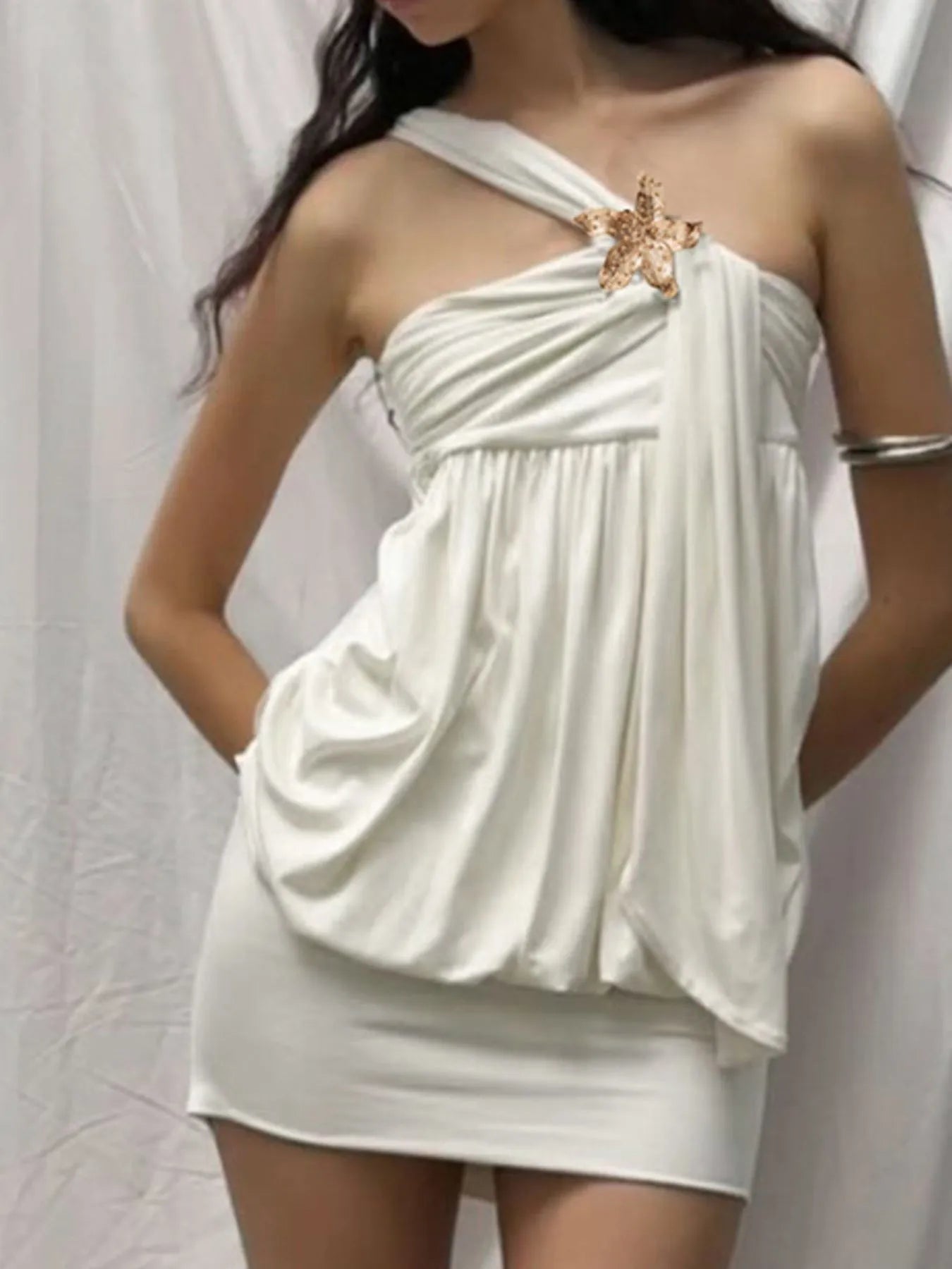Image of Ruched One-Shoulder Mini Dress | Queeble.shop