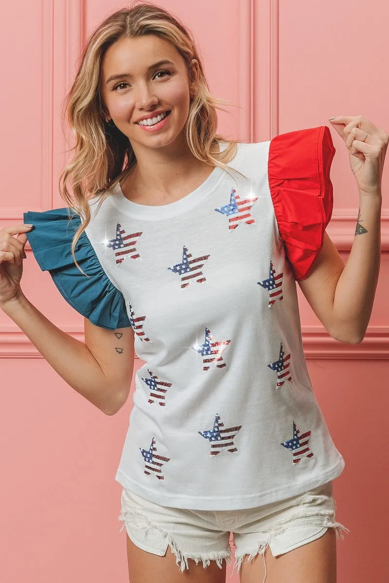 Image of BiBi American Flag Sequin Stars Top | Queeble.shop