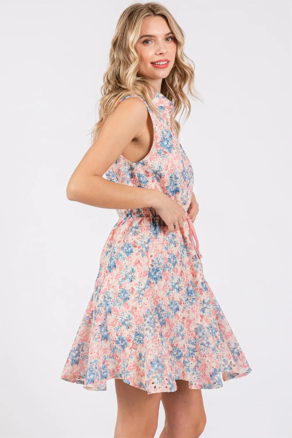 Image of GeeGee Full Size Floral Eyelet Sleeveless Mini Dress | Queeble.shop