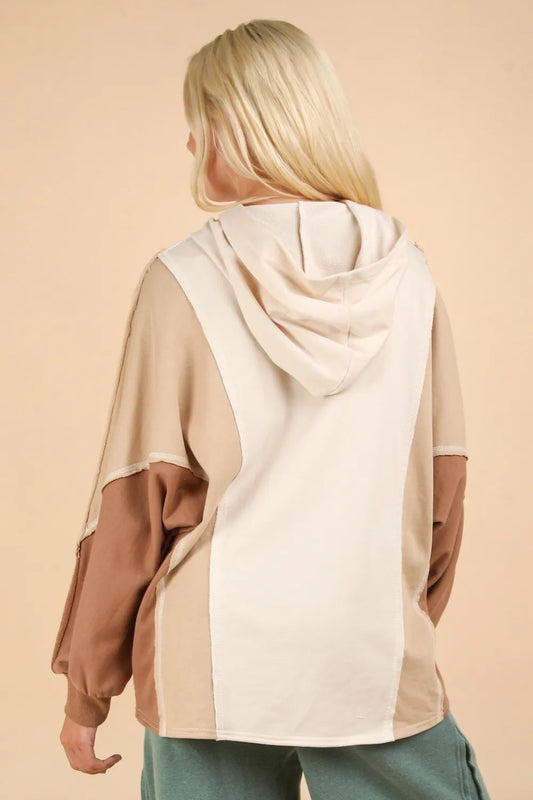 Image of VERY J Exposed Seam Color Block Half Button Hoodie | Queeble.shop