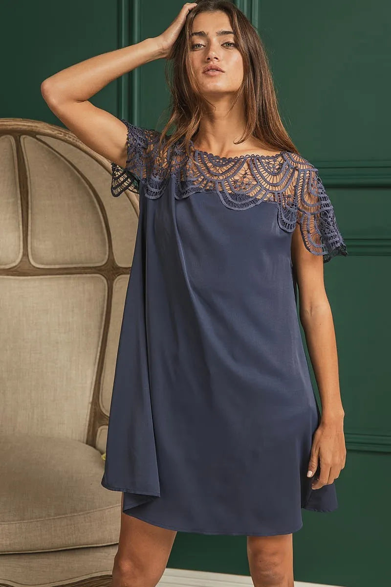 Image of BiBi Crochet Lace Yoke Detailed Wrinkled Dress | Queeble.shop