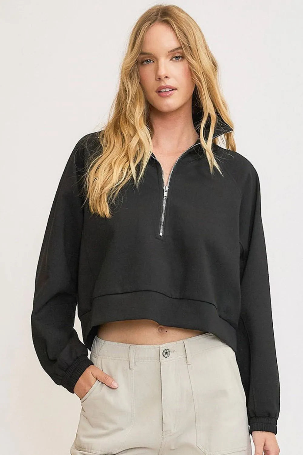 Image of Umgee Full Size Half Zip Cropped Sweatshirt Plus Size | Queeble.shop