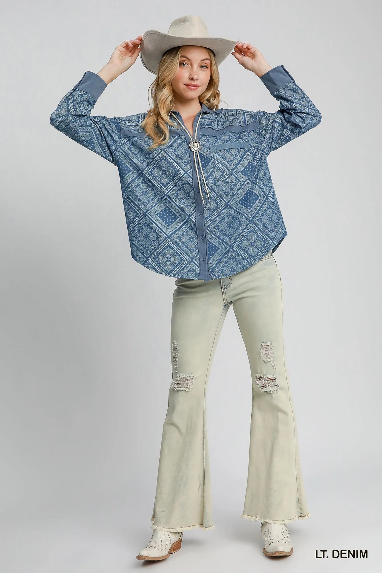 Image of Umgee Paisley Print Denim Shirt Jacket | Queeble.shop