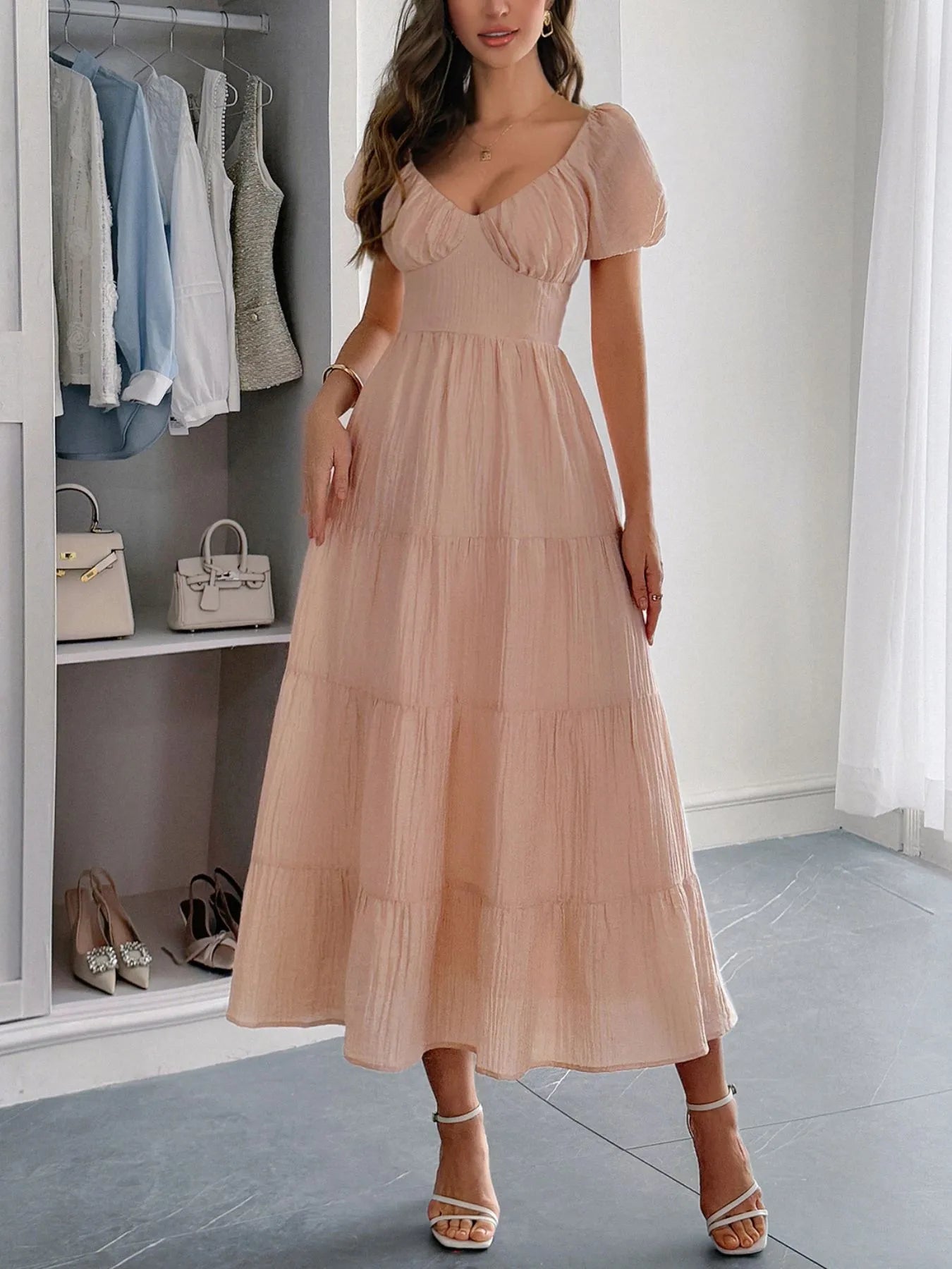 Image of Backless Tiered Puff Sleeve Midi Dress | Queeble.shop