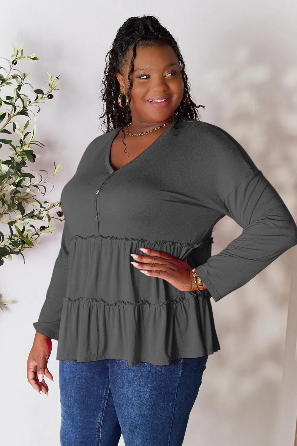Image of Double Take Half Button Long Sleeve Ruffle Hem Blouse | Queeble.shop