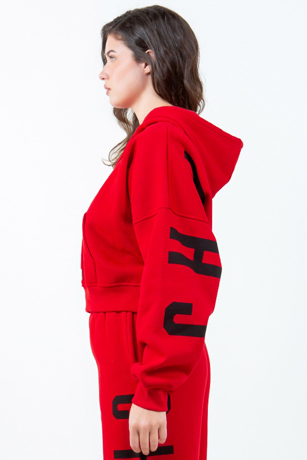 Image of American Bazi Letter Graphic Long Sleeve Drawstring Cropped Hoodie | Queeble.shop