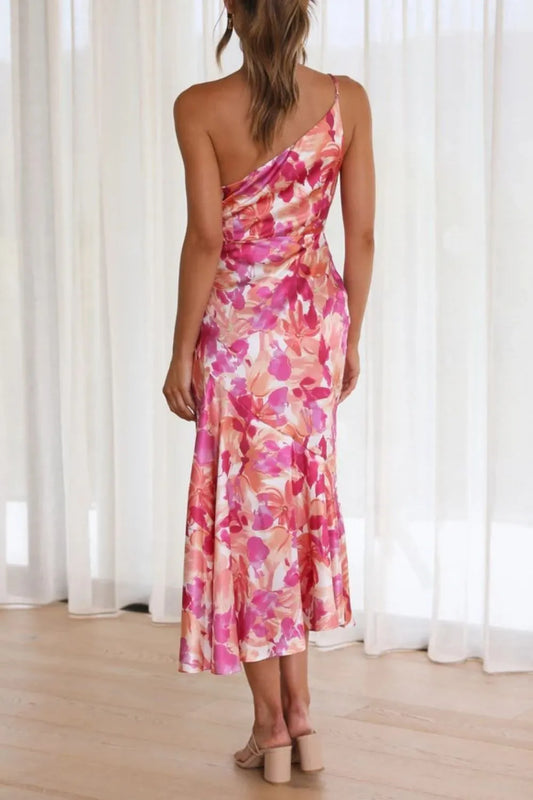 Image of Ruched Printed Single Shoulder Midi Dress | Queeble.shop