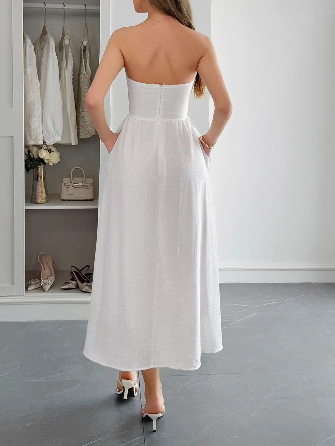 Image of Strapless A-Line Midi Dress with Pockets | Queeble.shop