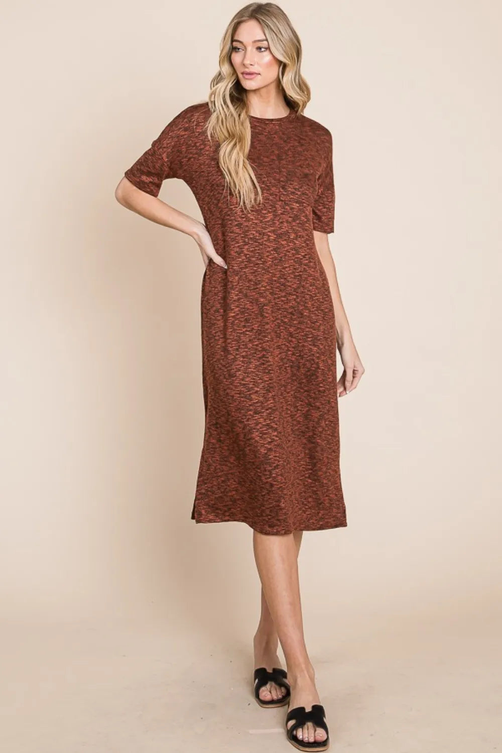 Image of BOMBOM Round Neck Side Slit Midi Dress | Queeble.shop