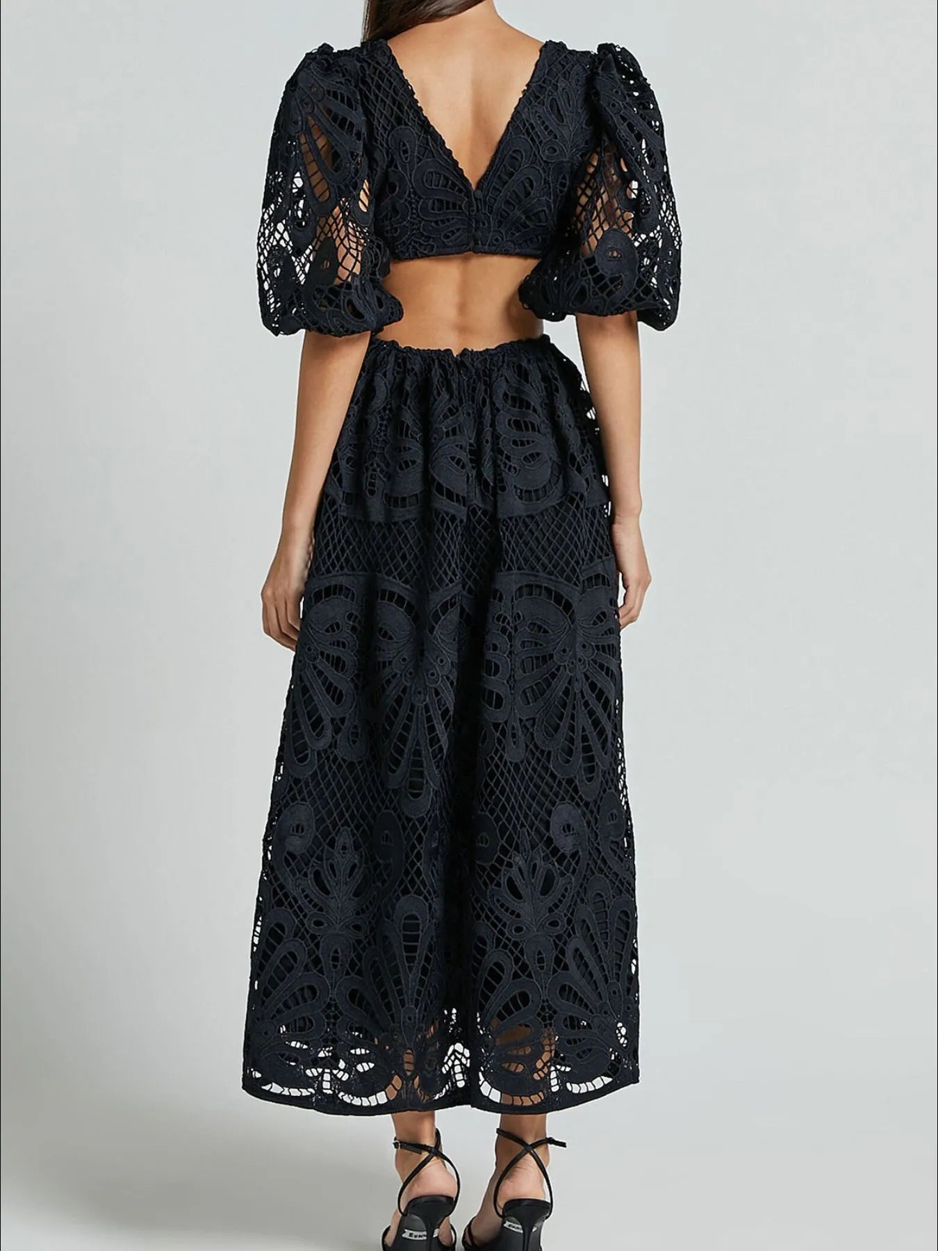 Image of Cutout Back Lace Crochet V-Neck Dress | Queeble.shop