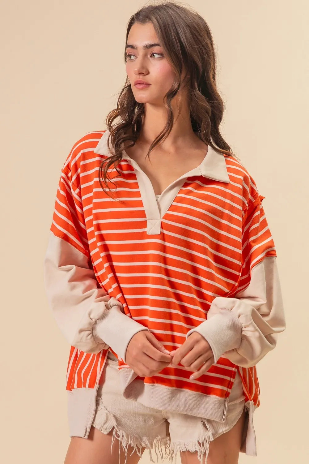 Image of BiBi Stripe Knit Loose Fit Top With Cut Edge Detail | Queeble.shop