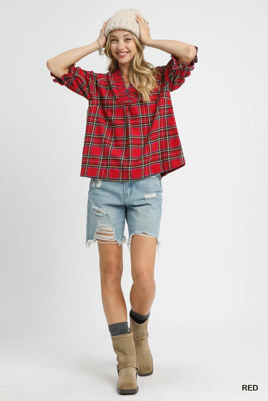 Image of Umgee Plaid Smocked V-Neck Flannel Top | Queeble.shop