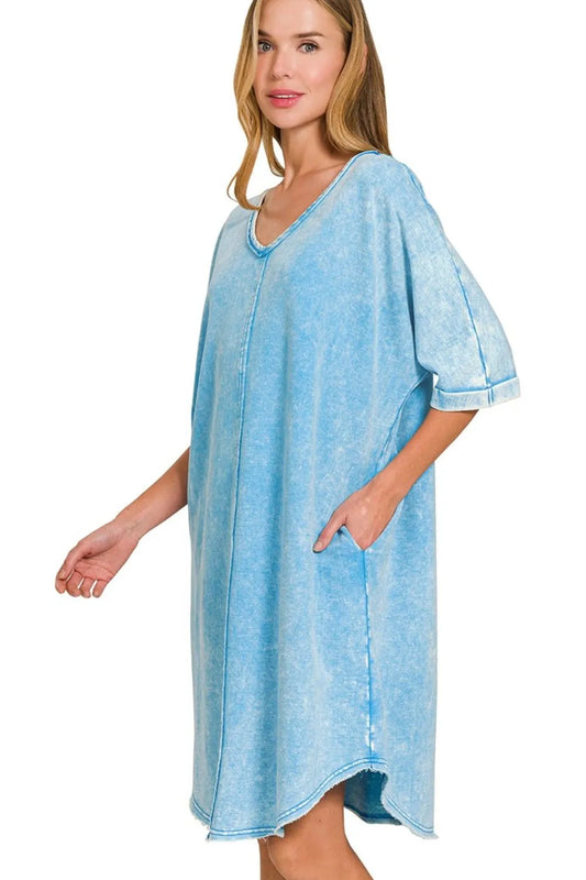 Image of Zenana Acid-washed French Terry Tee Shirts Dress | Queeble.shop