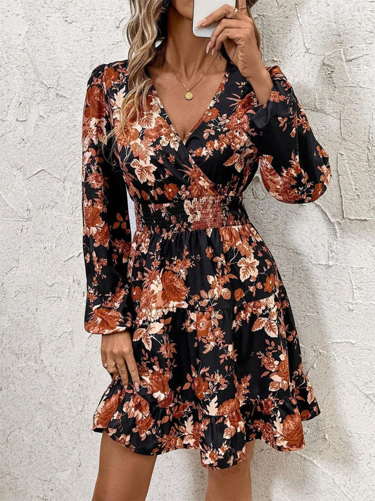 Image of Floral Print Long Sleeve Dress with Ruffle Hem | Queeble.shop
