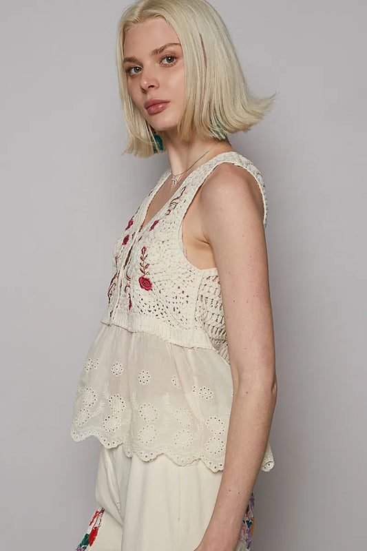 Image of POL Embroidered Detail V-Neck Eyelet Peplum Tank | Queeble.shop
