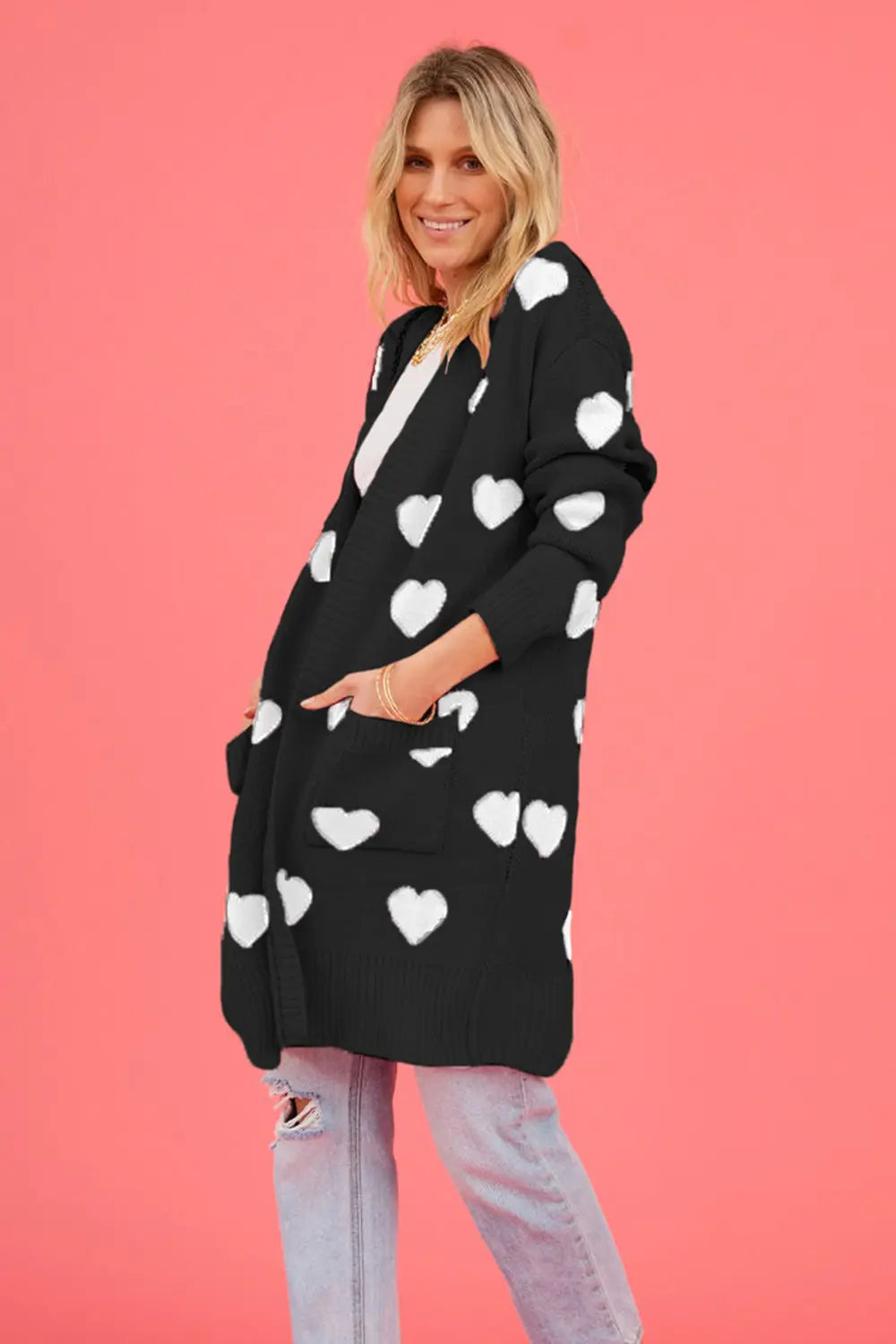 Image of Heart Graphic Open Front Cardigan with Pockets | Queeble.shop