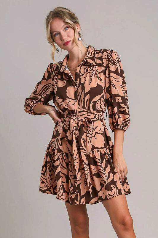 Image of Umgee Full Size Two Tone Floral Print Puff Sleeve Tie Waist Dress Plus Size | Queeble.shop